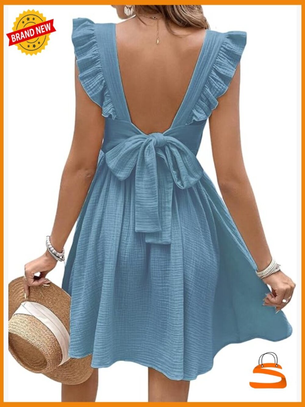 V Neck Flutter Sleeve Cotton A Line Mini Summer Cover Up Dress